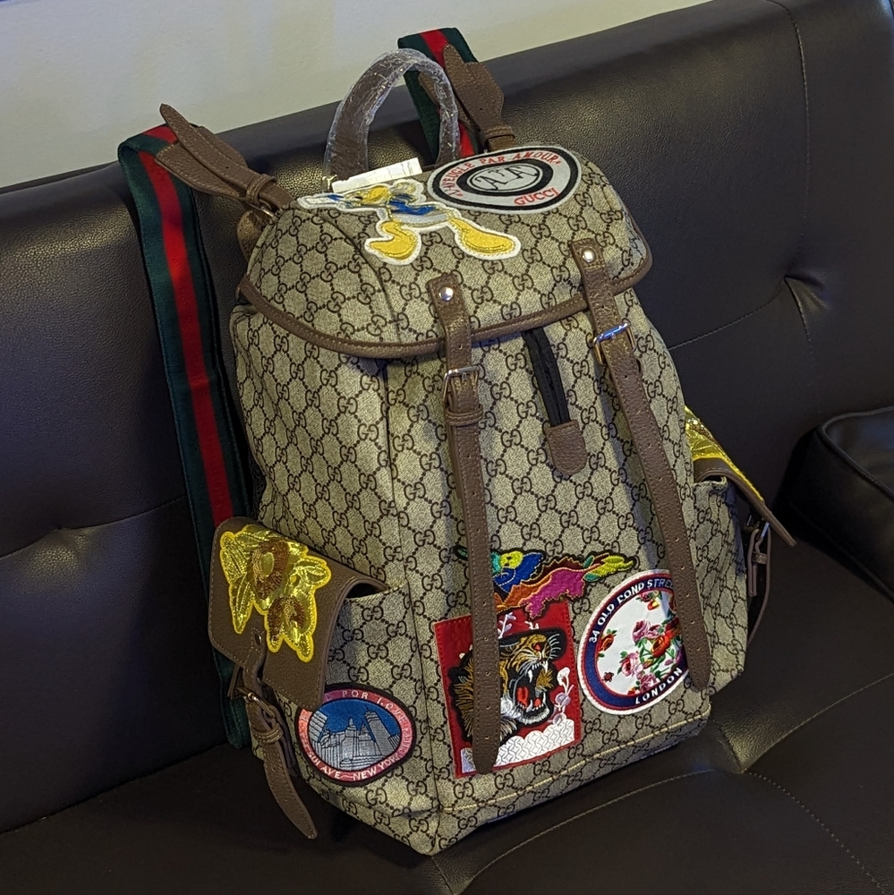 NWT Gucci Supreme Backpack w/ Patches, Beige